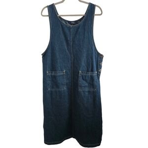 Vintage Denim Jumper Dress Women M Side Buttons 100% Cotton Midi Pinafore
